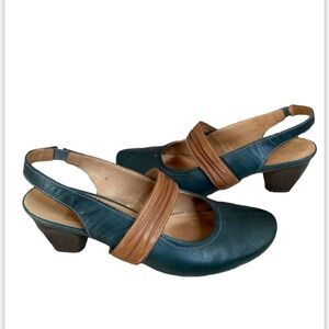 Remonte Dorndorf Teal/tan eather slingback shoes wooden heel size 40